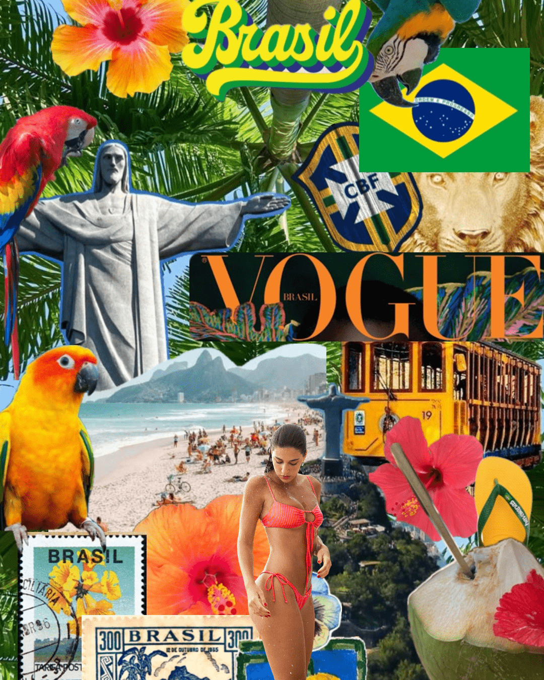Montage d’images emblématiques du Brésil avec ses paysages tropicaux et son ambiance ensoleillée, illustrant la sensualité, la liberté et l’énergie brésilienne. 