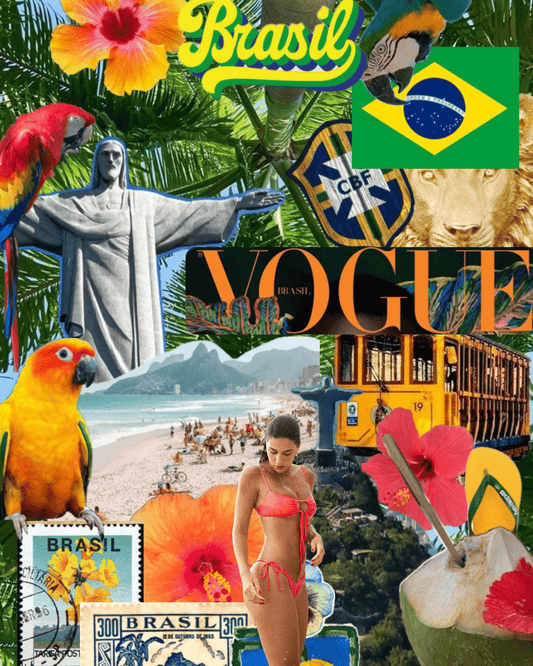 Montage d’images emblématiques du Brésil avec ses paysages tropicaux et son ambiance ensoleillée, illustrant la sensualité, la liberté et l’énergie brésilienne. 