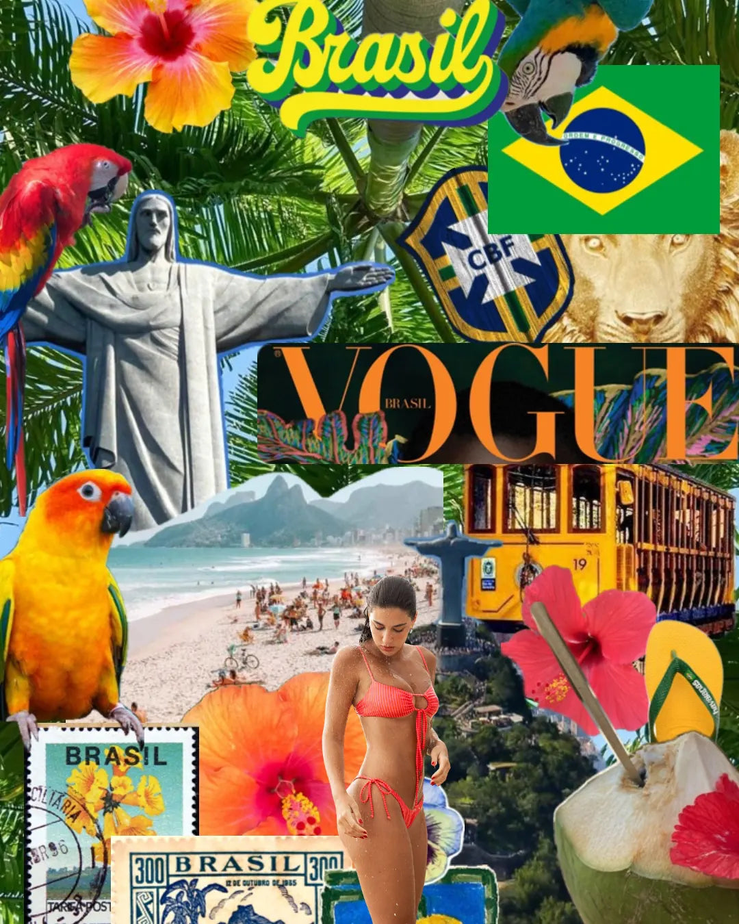 Montage d’images emblématiques du Brésil avec ses paysages tropicaux et son ambiance ensoleillée, illustrant la sensualité, la liberté et l’énergie brésilienne. 