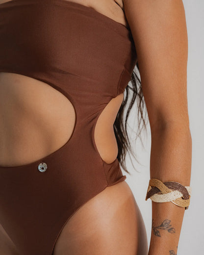 Maillot brésilien une pièce bandeau taille haute chocolat Èze — Collection Âmbre Soleil Leblon®